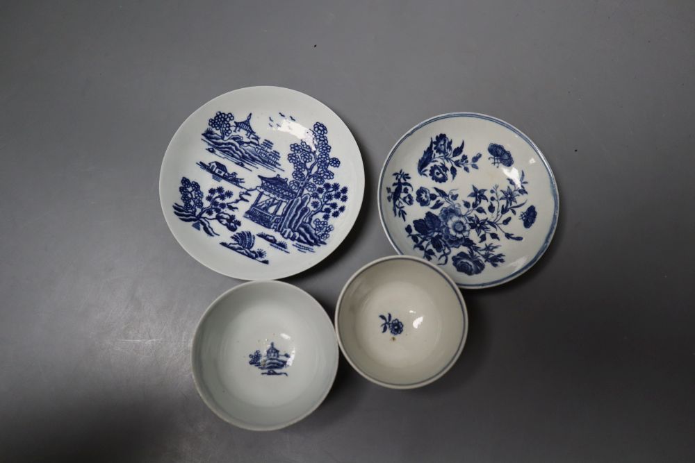 A Worcester Man in Pavilion teabowl and saucer, the first worcester blue and white printed pattern, and a three flowers teabowl and sau